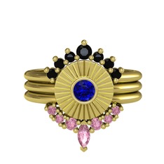 Siyah zirkon, lab safir ve pembe kuvars 14 ayar altın yüzük