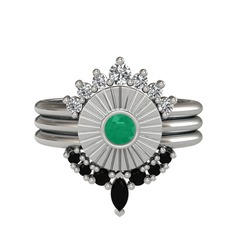 Minimal Tria Cora Yüzük - Swarovski, kök zümrüt ve siyah zirkon 18 ayar beyaz altın yüzük #1n4evef