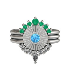 Minimal Tria Cora Yüzük - Kök zümrüt, akuamarin ve swarovski 8 ayar beyaz altın yüzük #1nixltn