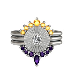 Sitrin, swarovski ve ametist 14 ayar beyaz altın yüzük
