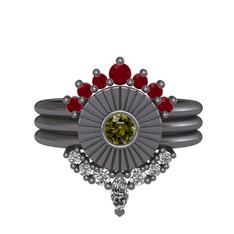 Minimal Tria Cora Yüzük - Kök yakut, peridot ve swarovski 925 ayar siyah rodyum kaplama gümüş yüzük #1nv8vv4