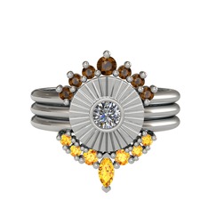 Minimal Tria Cora Yüzük - Dumanlı kuvars, pırlanta ve sitrin 8 ayar beyaz altın yüzük (0.16 karat) #1nxm95z