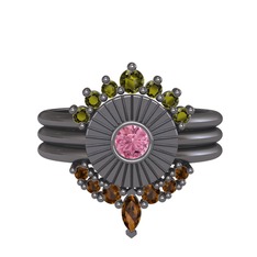 Minimal Tria Cora Yüzük - Peridot, pembe kuvars ve dumanlı kuvars 925 ayar siyah rodyum kaplama gümüş yüzük #1o1g5bo
