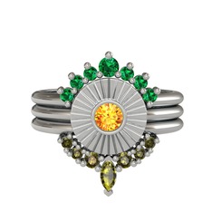 Minimal Tria Cora Yüzük - Yeşil kuvars, sitrin ve peridot 18 ayar beyaz altın yüzük #1o3spol