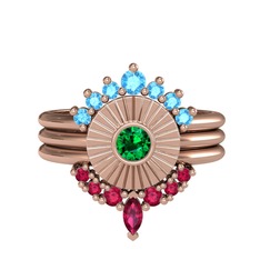 Minimal Tria Cora Yüzük - Akuamarin, yeşil kuvars ve rodolit garnet 18 ayar rose altın yüzük #1o8501a