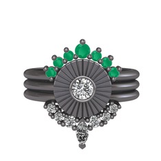 Minimal Tria Cora Yüzük - Kök zümrüt, swarovski ve beyaz zirkon 925 ayar siyah rodyum kaplama gümüş yüzük #1ohin6u