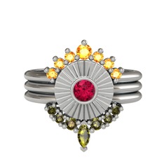 Minimal Tria Cora Yüzük - Sitrin, rodolit garnet ve peridot 18 ayar beyaz altın yüzük #1oisqdi