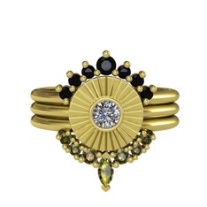 Minimal Tria Cora Yüzük - Siyah zirkon, pırlanta ve peridot 14 ayar altın yüzük (0.16 karat) #1okh1n4