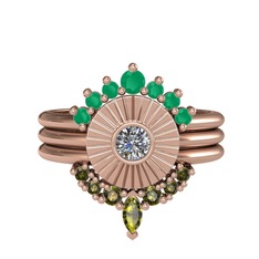 Kök zümrüt, pırlanta ve peridot 14 ayar rose altın yüzük (0.16 karat)