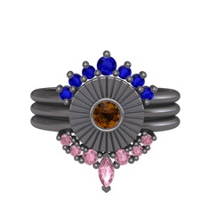 Lab safir, dumanlı kuvars ve pembe kuvars 925 ayar siyah rodyum kaplama gümüş yüzük