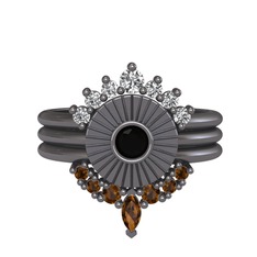 Minimal Tria Cora Yüzük - Swarovski, siyah zirkon ve dumanlı kuvars 925 ayar siyah rodyum kaplama gümüş yüzük #1oxi1wh