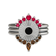 Minimal Tria Cora Yüzük - Rodolit garnet, siyah zirkon ve dumanlı kuvars 8 ayar beyaz altın yüzük #1pg1adf