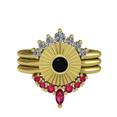 Minimal Tria Cora Yüzük - Pırlanta, siyah zirkon ve rodolit garnet 8 ayar altın yüzük (0.42 karat) #1ph0fcv