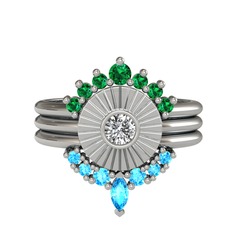 Minimal Tria Cora Yüzük - Yeşil kuvars, swarovski ve akuamarin 8 ayar beyaz altın yüzük #1pks96q
