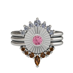 Minimal Tria Cora Yüzük - Pırlanta, pembe kuvars ve dumanlı kuvars 8 ayar beyaz altın yüzük (0.42 karat) #1pmd34t