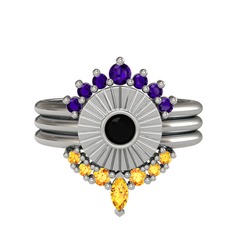 Minimal Tria Cora Yüzük - Ametist, siyah zirkon ve sitrin 8 ayar beyaz altın yüzük #1pq2r7y