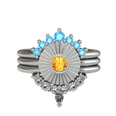 Akuamarin, sitrin ve swarovski 18 ayar beyaz altın yüzük