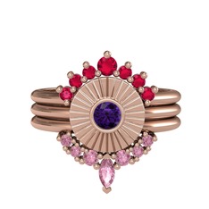 Minimal Tria Cora Yüzük - Rodolit garnet, ametist ve pembe kuvars 14 ayar rose altın yüzük #1puv641