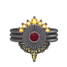Minimal Tria Cora Yüzük - Sitrin, kök yakut ve peridot 925 ayar siyah rodyum kaplama gümüş yüzük #1qctllu