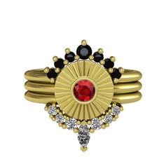 Siyah zirkon, garnet ve beyaz zirkon 14 ayar altın yüzük