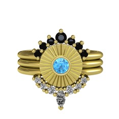 Siyah zirkon, akuamarin ve beyaz zirkon 14 ayar altın yüzük