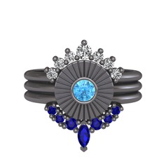 Minimal Tria Cora Yüzük - Swarovski, akuamarin ve lab safir 925 ayar siyah rodyum kaplama gümüş yüzük #1r7mnvt