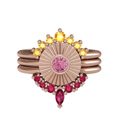 Minimal Tria Cora Yüzük - Sitrin, pembe kuvars ve rodolit garnet 18 ayar rose altın yüzük #1rggos3