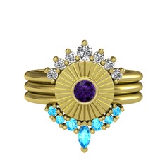 Minimal Tria Cora Yüzük - Swarovski, ametist ve akuamarin 14 ayar altın yüzük #1rha0co