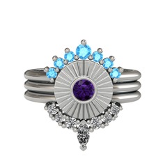 Akuamarin, ametist ve swarovski 8 ayar beyaz altın yüzük