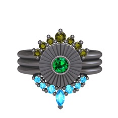 Peridot, yeşil kuvars ve akuamarin 925 ayar siyah rodyum kaplama gümüş yüzük