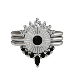 Minimal Tria Cora Yüzük - Swarovski ve siyah zirkon 14 ayar beyaz altın yüzük #1rkke23