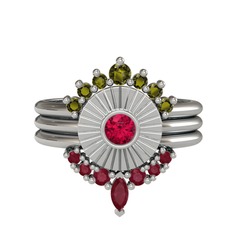 Peridot, rodolit garnet ve kök yakut 18 ayar beyaz altın yüzük