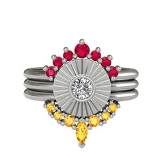 Minimal Tria Cora Yüzük - Rodolit garnet, swarovski ve sitrin 18 ayar beyaz altın yüzük #1rt49hu