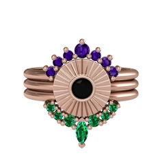 Minimal Tria Cora Yüzük - Ametist, siyah zirkon ve yeşil kuvars 14 ayar rose altın yüzük #1rx57g