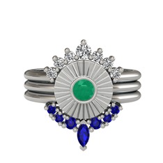 Minimal Tria Cora Yüzük - Swarovski, kök zümrüt ve lab safir 18 ayar beyaz altın yüzük #1rz5l30