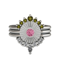 Minimal Tria Cora Yüzük - Peridot, pembe kuvars ve beyaz zirkon 8 ayar beyaz altın yüzük #1s6dq3e