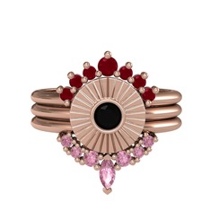 Minimal Tria Cora Yüzük - Kök yakut, siyah zirkon ve pembe kuvars 18 ayar rose altın yüzük #1s8tss8