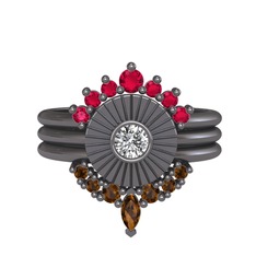 Minimal Tria Cora Yüzük - Rodolit garnet, beyaz zirkon ve dumanlı kuvars 925 ayar siyah rodyum kaplama gümüş yüzük #1sedgzm