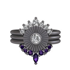 Minimal Tria Cora Yüzük - Swarovski, beyaz zirkon ve ametist 925 ayar siyah rodyum kaplama gümüş yüzük #1seorv5