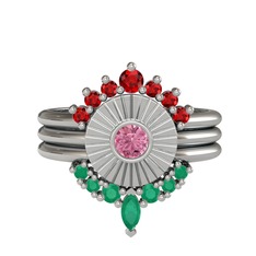 Garnet, pembe kuvars ve kök zümrüt 18 ayar beyaz altın yüzük