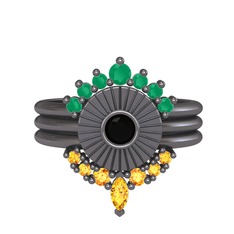 Minimal Tria Cora Yüzük - Kök zümrüt, siyah zirkon ve sitrin 925 ayar siyah rodyum kaplama gümüş yüzük #1sqc7fa