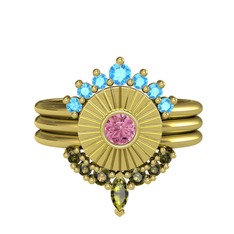 Minimal Tria Cora Yüzük - Akuamarin, pembe kuvars ve peridot 8 ayar altın yüzük #1t9kfxa