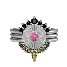 Minimal Tria Cora Yüzük - Siyah zirkon, pembe kuvars ve peridot 8 ayar beyaz altın yüzük #1trop7h