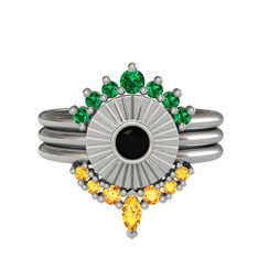 Minimal Tria Cora Yüzük - Yeşil kuvars, siyah zirkon ve sitrin 18 ayar beyaz altın yüzük #1tvoyau