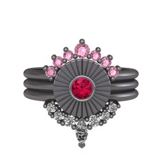 Pembe kuvars, rodolit garnet ve swarovski 925 ayar siyah rodyum kaplama gümüş yüzük