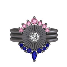Minimal Tria Cora Yüzük - Pembe kuvars, swarovski ve lab safir 925 ayar siyah rodyum kaplama gümüş yüzük #1u2067h