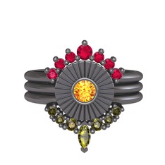 Rodolit garnet, sitrin ve peridot 925 ayar siyah rodyum kaplama gümüş yüzük