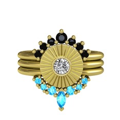 Minimal Tria Cora Yüzük - Siyah zirkon, swarovski ve akuamarin 18 ayar altın yüzük #1u8soy4