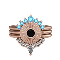 Akuamarin, siyah zirkon ve swarovski 14 ayar rose altın yüzük