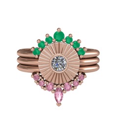 Minimal Tria Cora Yüzük - Kök zümrüt, pırlanta ve pembe kuvars 8 ayar rose altın yüzük (0.16 karat) #1ui61bq